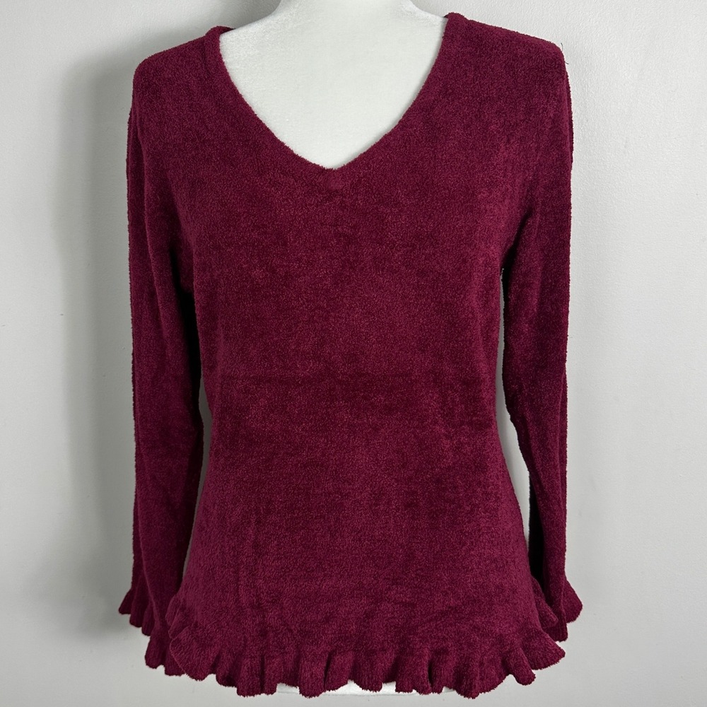 April Cornell Velvet V-Neck Sweater Berry Pink Womens Size XL‎ Ruffle Trim Knit